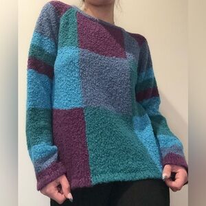 Relaxed Colorblock Bouclé Crewneck Sweater in Teal, Blue & Plum